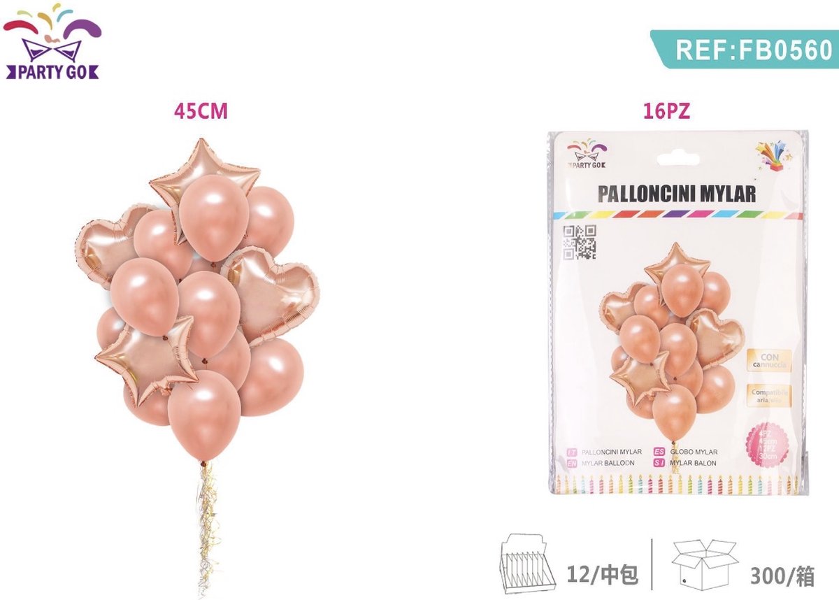 Partygo Feestartikelen Verjaardag Versiering Decoratie Ballon Feestpakket Happy Birthday verrasings Sterren+Hartje Rose 16PC 45CM