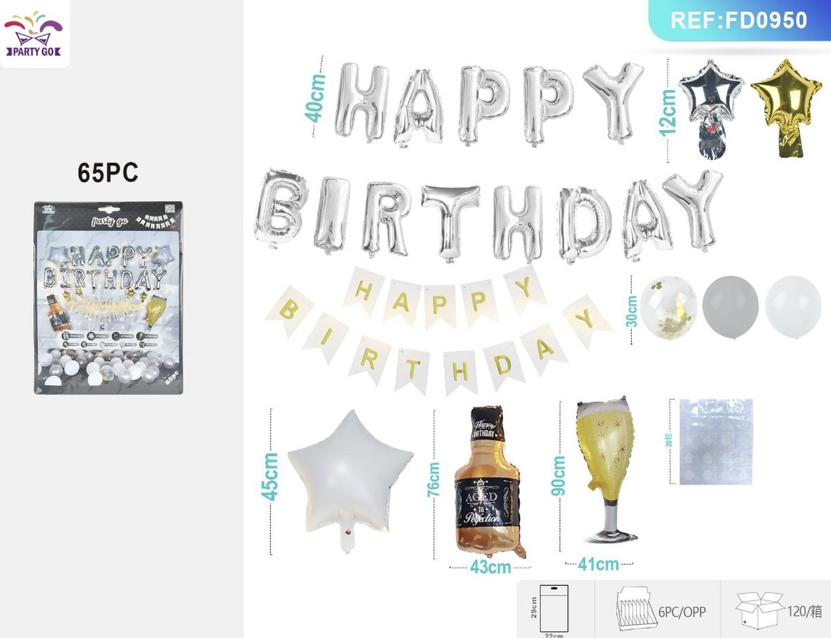 Partygo Feestartikelen Verjaardag Versiering Decoratie Ballon Feestpakket Slinger Happy Birthday verrasings Sterren Champagne 65PC