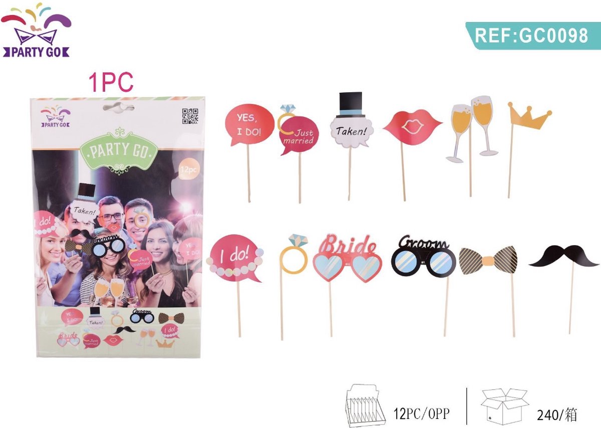 Partygo Feestartikelen Verjaardag Versiering Decoratie Fotoprops Verkleden Party thema 12PC op stokjes