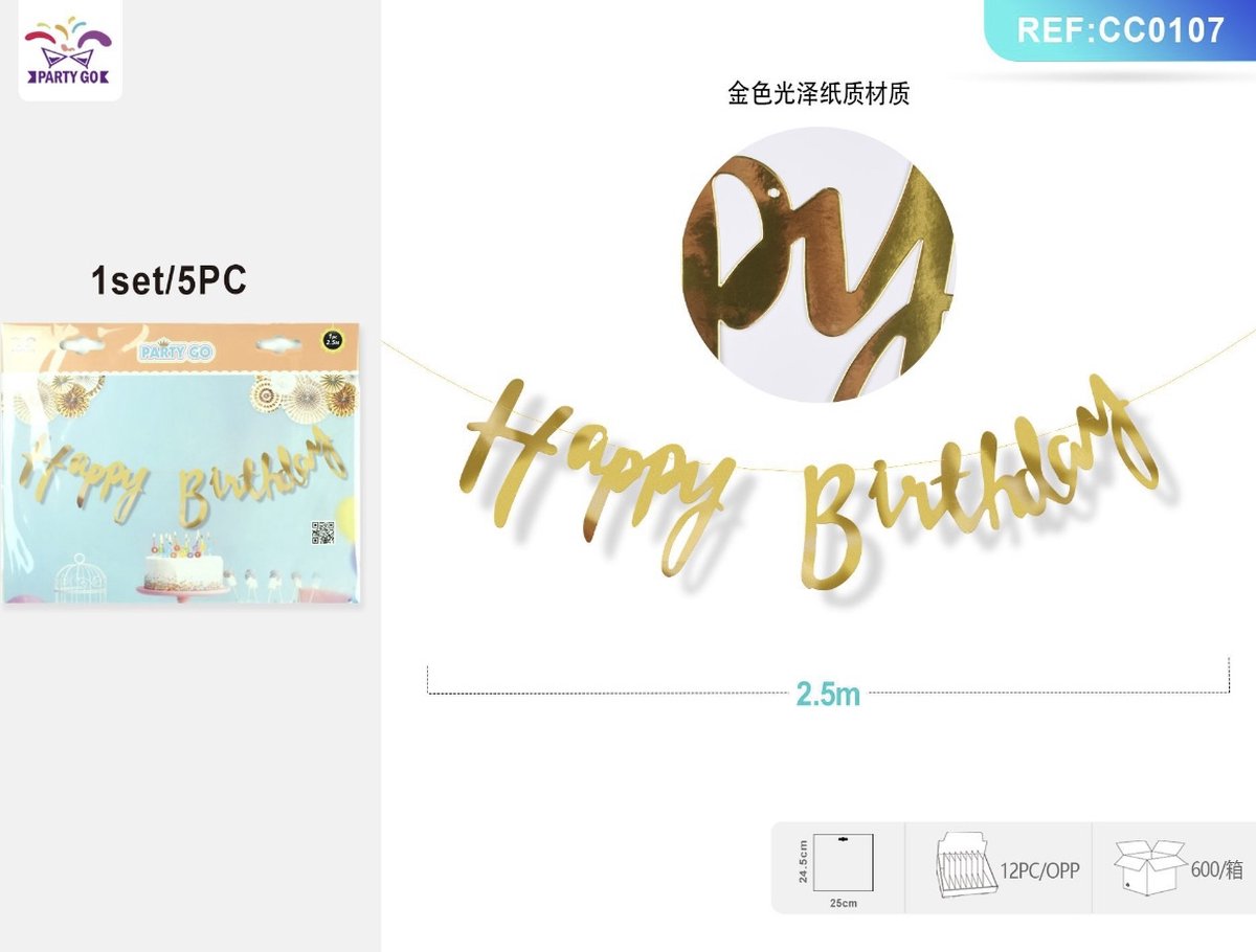 Partygo Feestartikelen Verjaardag Versiering Decoratie Slinger Happy Birthday Goud 250CM