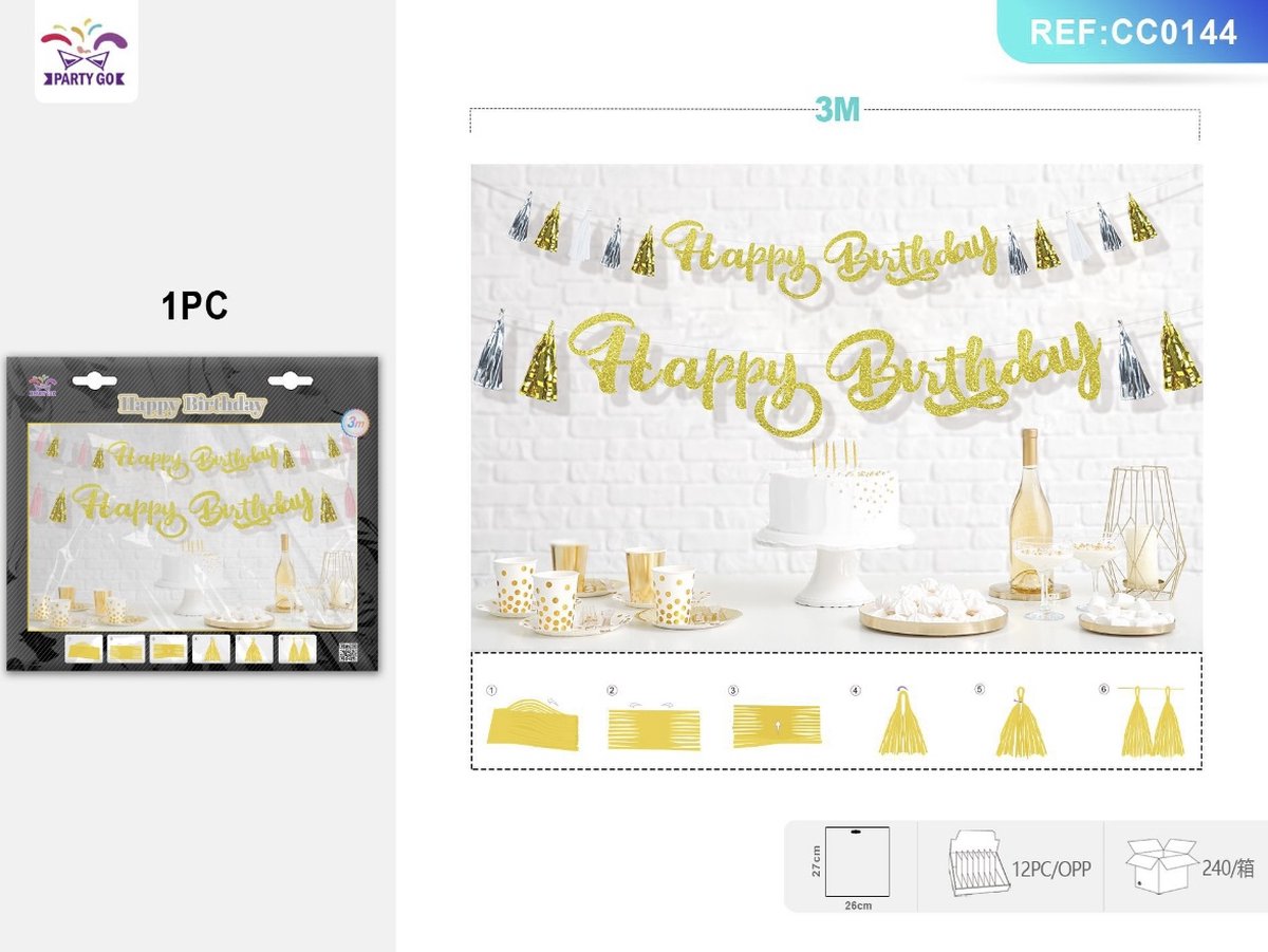 Partygo Feestartikelen Verjaardag Versiering Decoratie Slinger Happy Birthday Goud 300CM