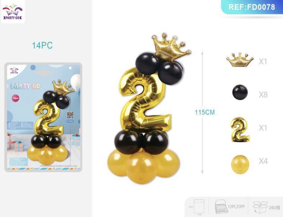 Partygo Feestartikelen Verjaardag Versiering Decoratie Staande folieballon Cijfer 2 Leeftijd Kinderfeestjes Goud+Zwart 115 CM 14ST