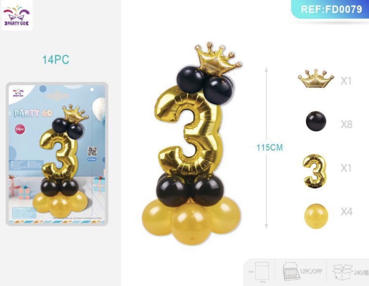 Partygo Feestartikelen Verjaardag Versiering Decoratie Staande folieballon Cijfer 3 Leeftijd Kinderfeestjes Goud+Zwart 115 CM 14ST