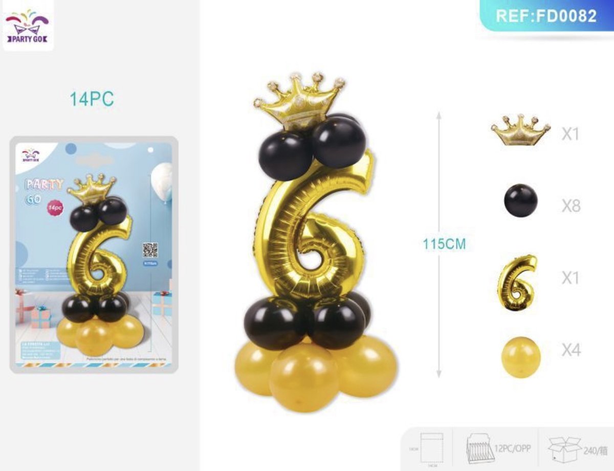Partygo Feestartikelen Verjaardag Versiering Decoratie Staande folieballon Cijfer 6 Leeftijd Kinderfeestjes Goud+Zwart 115 CM 14ST