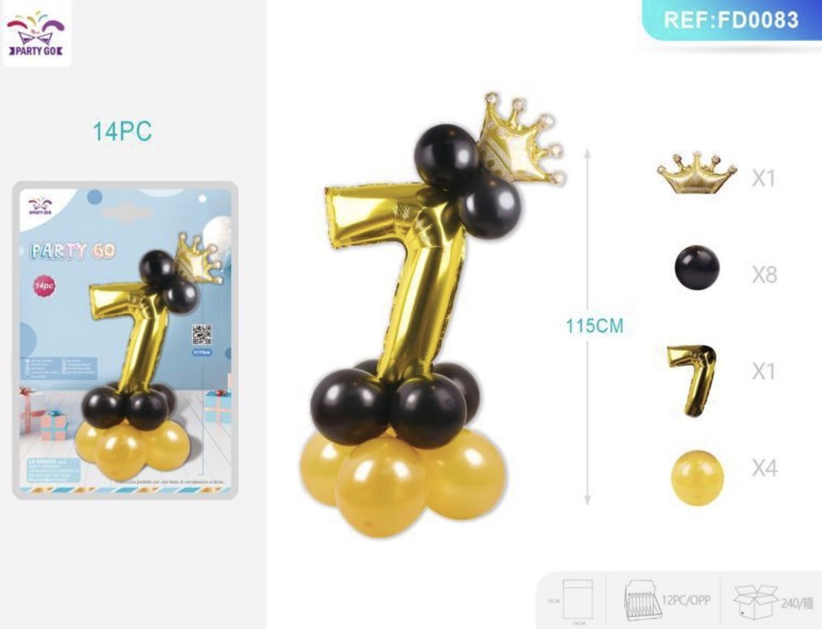 Partygo Feestartikelen Verjaardag Versiering Decoratie Staande folieballon Cijfer 7 Leeftijd Kinderfeestjes Goud+Zwart 115 CM 14ST