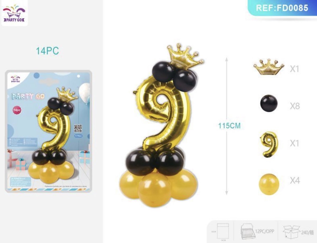 Partygo Feestartikelen Verjaardag Versiering Decoratie Staande folieballon Cijfer 9 Leeftijd Kinderfeestjes Goud+Zwart 115 CM 14ST
