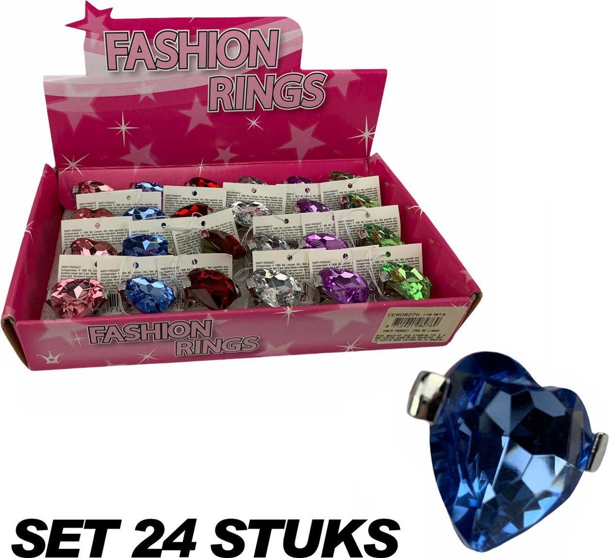 Display ringen met hartjes edelsteen diverse kleuren - VOORDEELSET 24 STUKS
