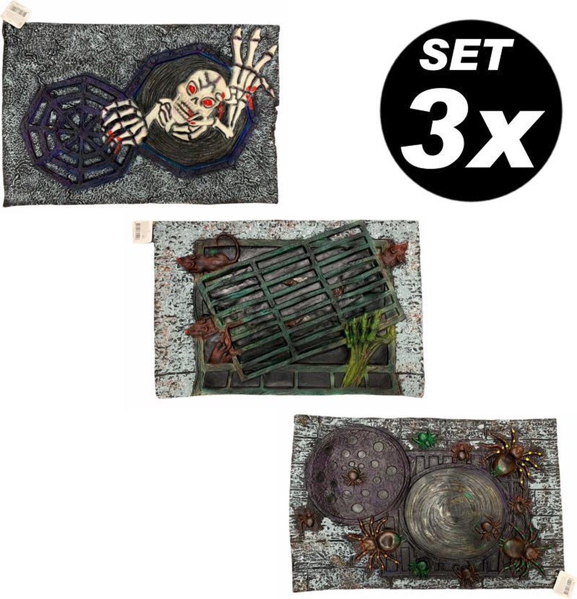 Halloween deurmatten rubber 58x38 cm - VOORDEELSET - 3 stuks assorti (skelet - spin - rat deurmat decoratie)