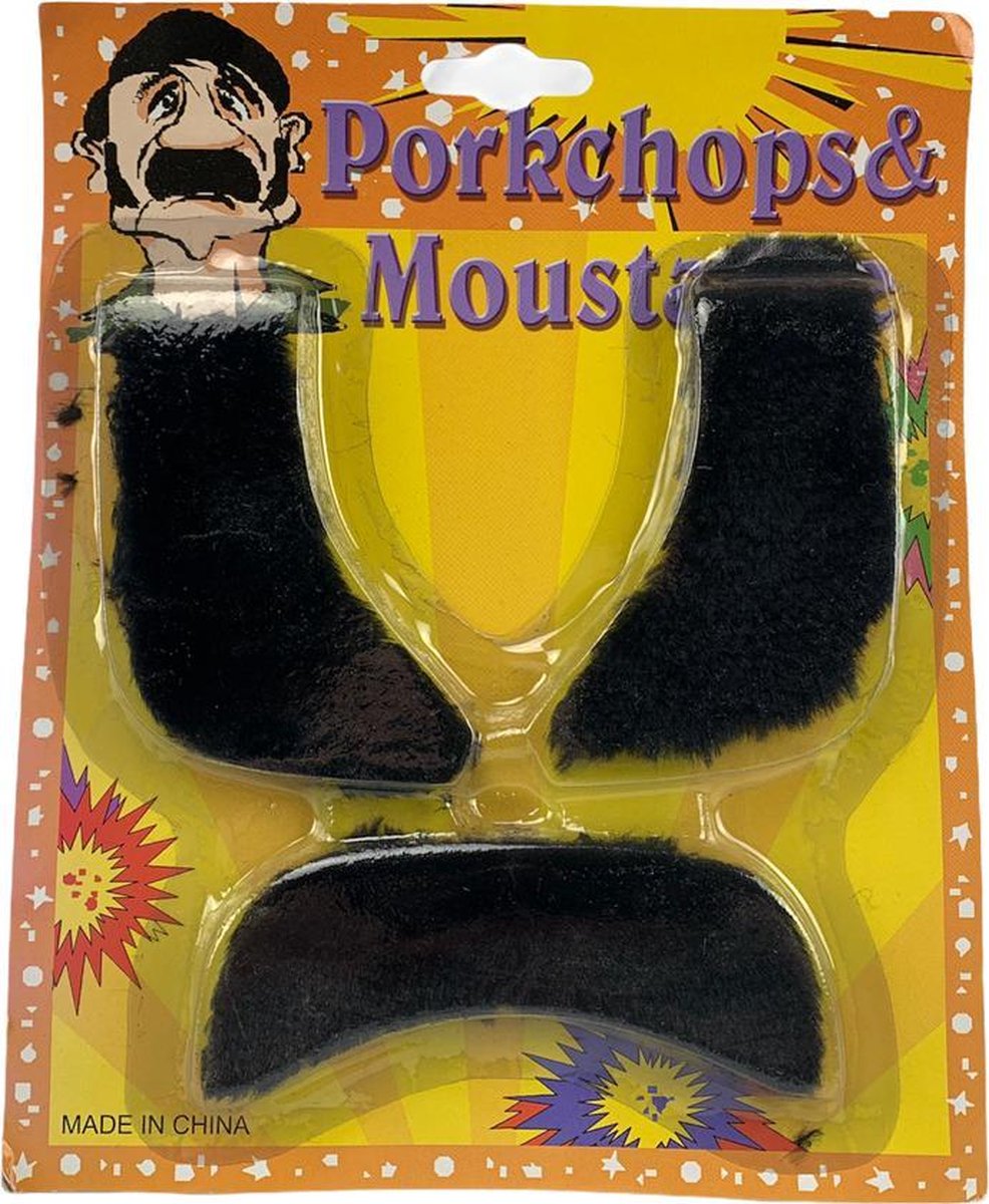 PartyFX plak snor + bakkebaarden set zwart