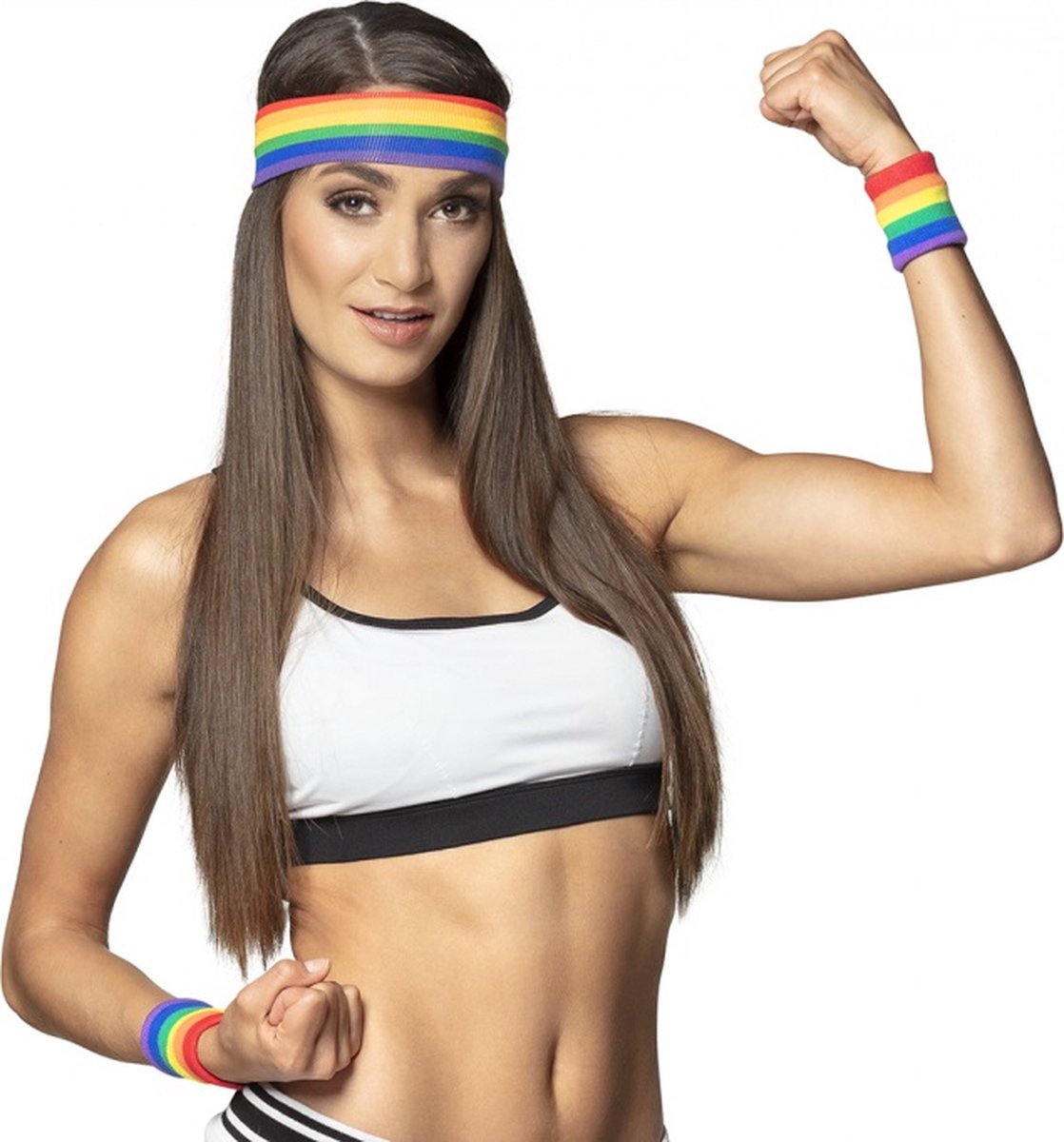 Zweetbandjes set – 2x polsbandje en hoofdband – 3 delig – Regenboog