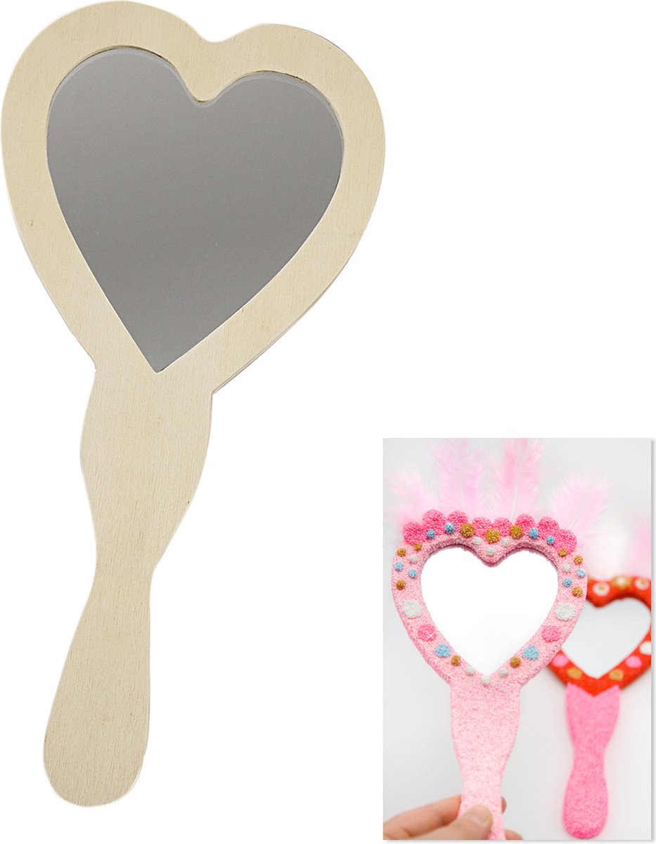 10 houten Handspiegels Hart - Echt spiegelglas - Knutselen met Kinderen
