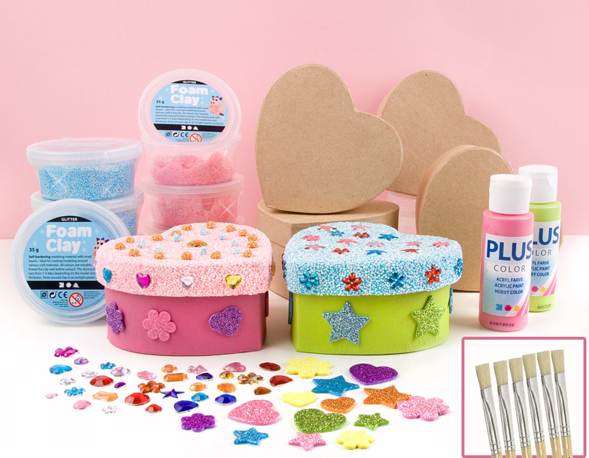 Knutselpakket Kinderfeestje - Hart Doosjes versieren - 8 st - Foam Clay - Meisje