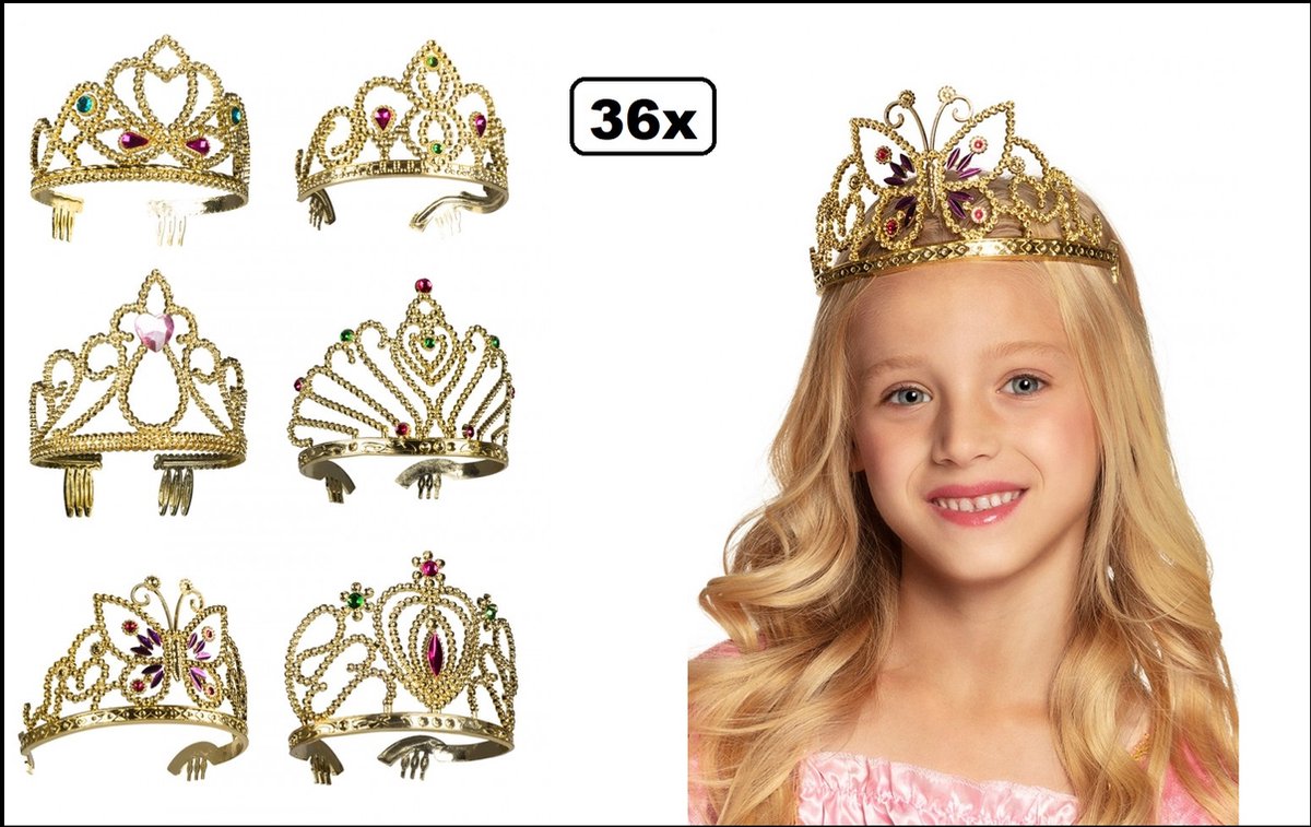 36x Diadeem/tiara goud 6 assortie kids - Prinses - Thema feest verjaardag uitdeel hoofd accesoires