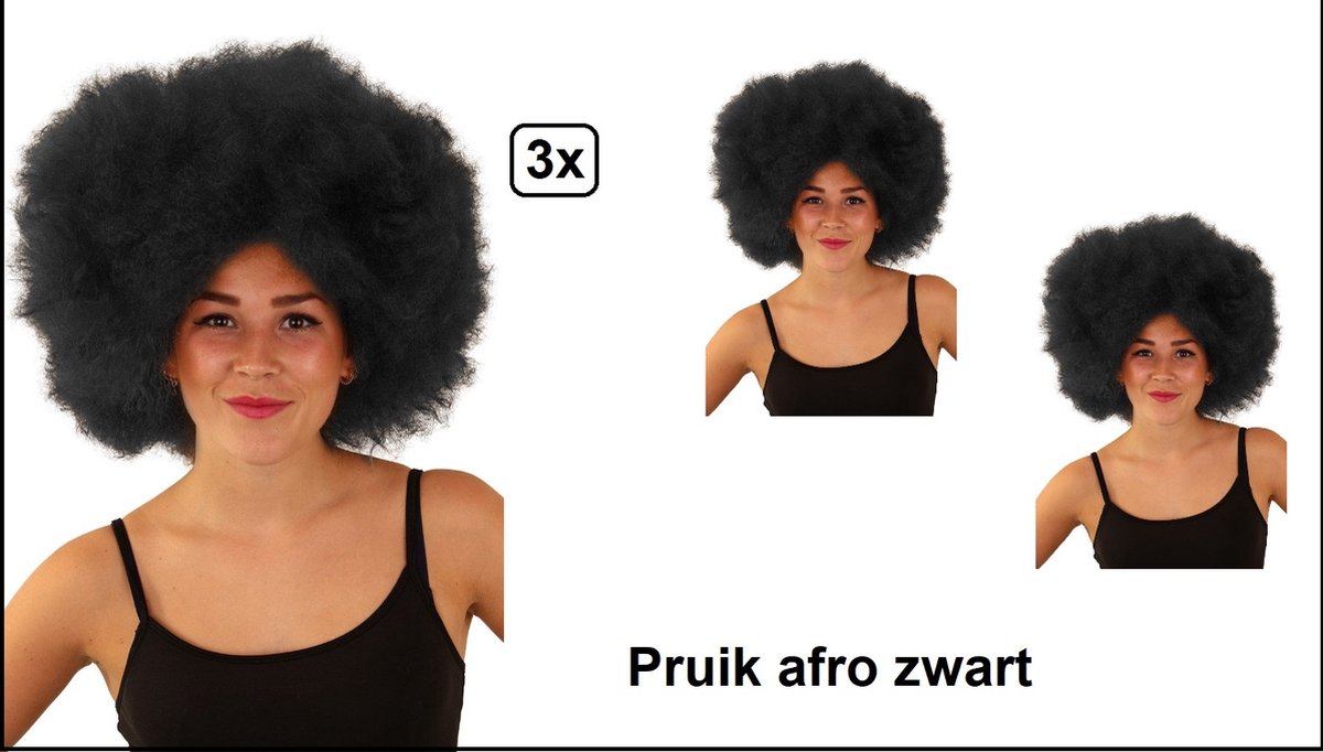3x Afro pruik zwart disco - one size - festival disco carnaval afrokapsel 70s and 80s disco peace flower power happy together toppers