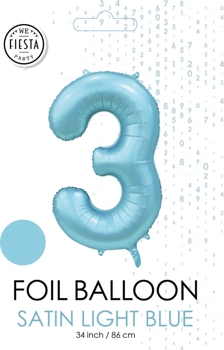 folieballon cijfer 3 mat licht blauw metallic 3