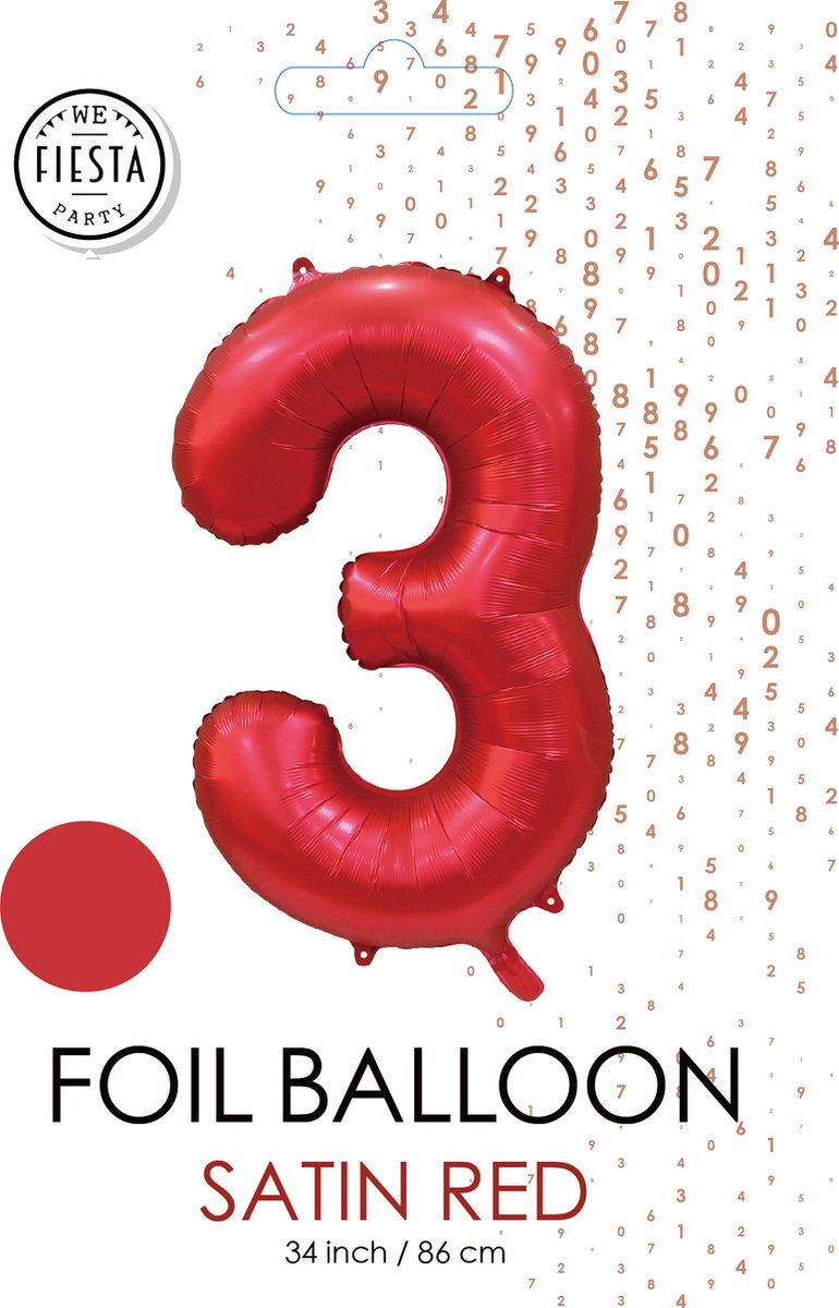 folieballon cijfer 3 mat rood metallic
