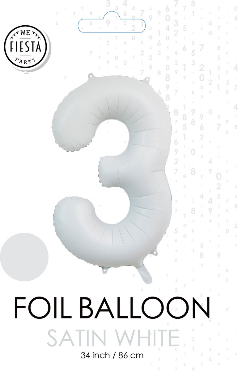 folieballon cijfer 3 mat wit metallic