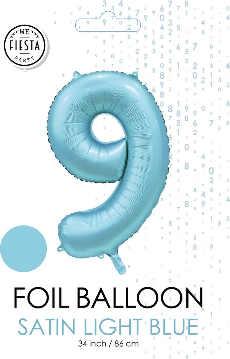 folieballon cijfer 9 mat licht blauw metallic