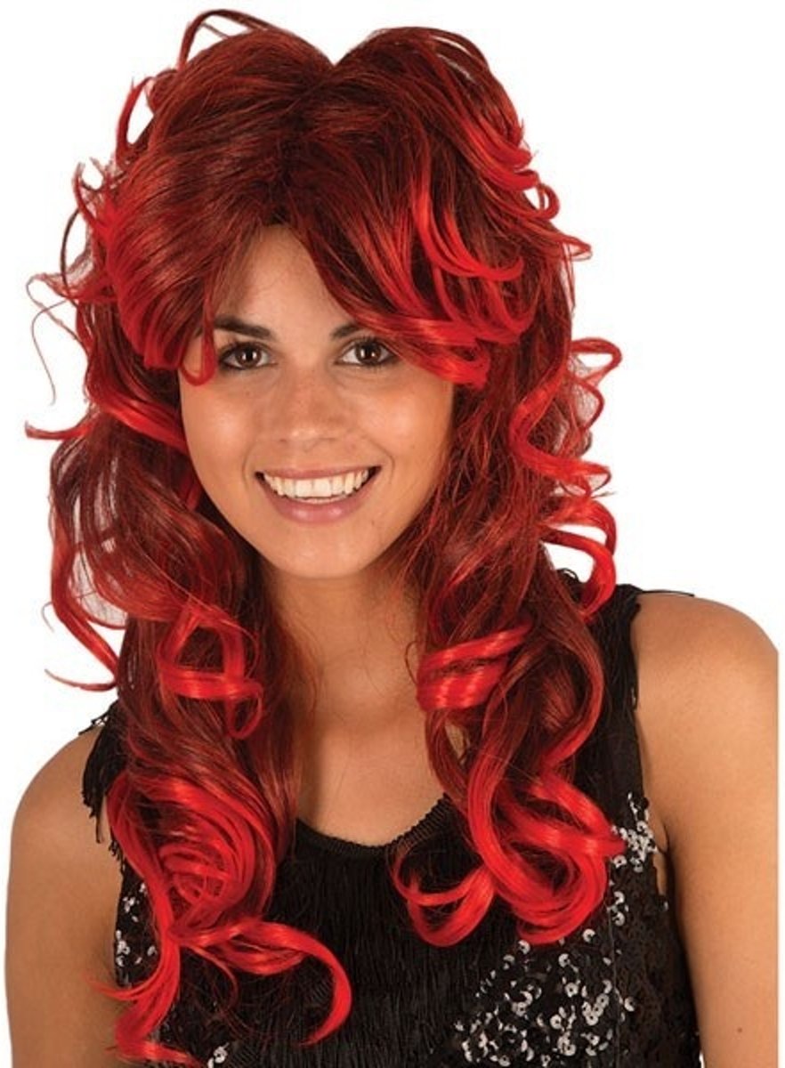 Partyline Pruik lange krullen rood/zwart