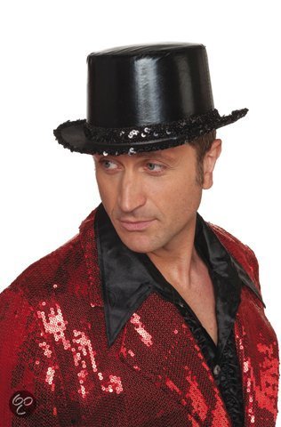 Hoge hoed lamee met paillettenband zwart