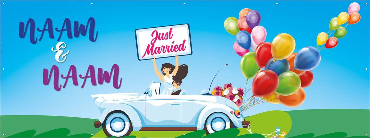 Gepersonaliseerd Spandoek - Spandoek maken - Just Married Auto - Namen Bruidspaar - Huwelijk - Bruiloft - 150 x 50 cm - met ringen - Banier- PVC - Banner - indoor en outdoor - Versiering - Decoratie