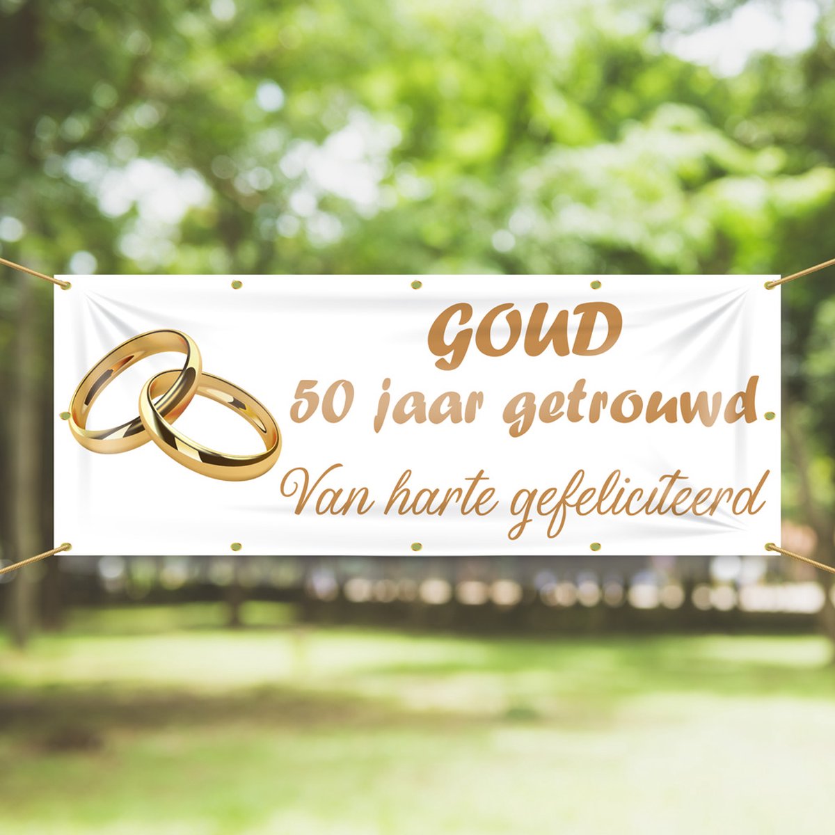 Spandoek - 50 jaar Getrouwd - Van Harte Gefeliciteerd - 150 x 50 cm - Goud - Felicitatie - bruidspaar - huwelijk - huwelijkscadeau - met ringen - Banier- PVC - Banner - Indoor en Outdoor – Versiering - Cadeau