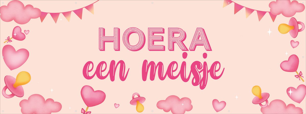 Spandoek - Hoera een meisje - hartjes - roze - geboorte versiering - gender reveal - baby - 150 x 50 cm