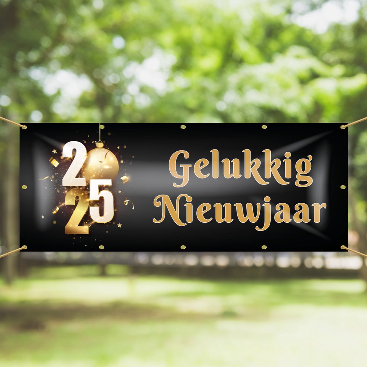 Spandoek Gelukkig nieuwjaar - Goud met zwart - 150 x 50 cm - Oud en Nieuw versiering - nieuwjaar - feestartikelen - decoratie - banner - slinger
