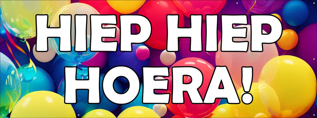 Spandoek Hiep Hiep Hoera met Ballonnen - 150 x 50 cm - Abraham - Sarah - met ringen - PVC - Banner - Banier - Verjaardag - indoor en outdoor - Geveldoek