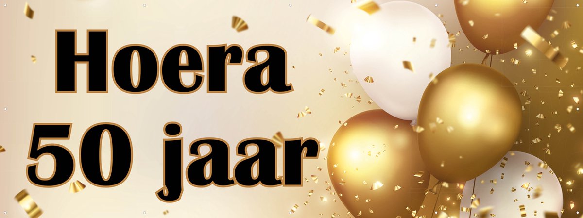Spandoek Hoera 50 jaar - Gouden Ballonnen - Goud thema - Abraham - Sarah - 150 x 50 cm - met ringen - Banier- PVC - Banner - Verjaardag - indoor en outdoor – Geveldoek