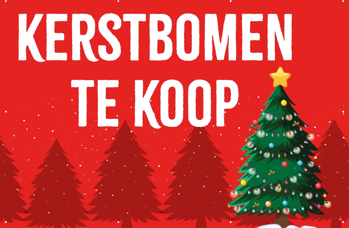Spandoek Kerstbomen te koop - 150 x 100 cm - rode achtergrond - kerst - nieuwjaar - oud en nieuw - winkel