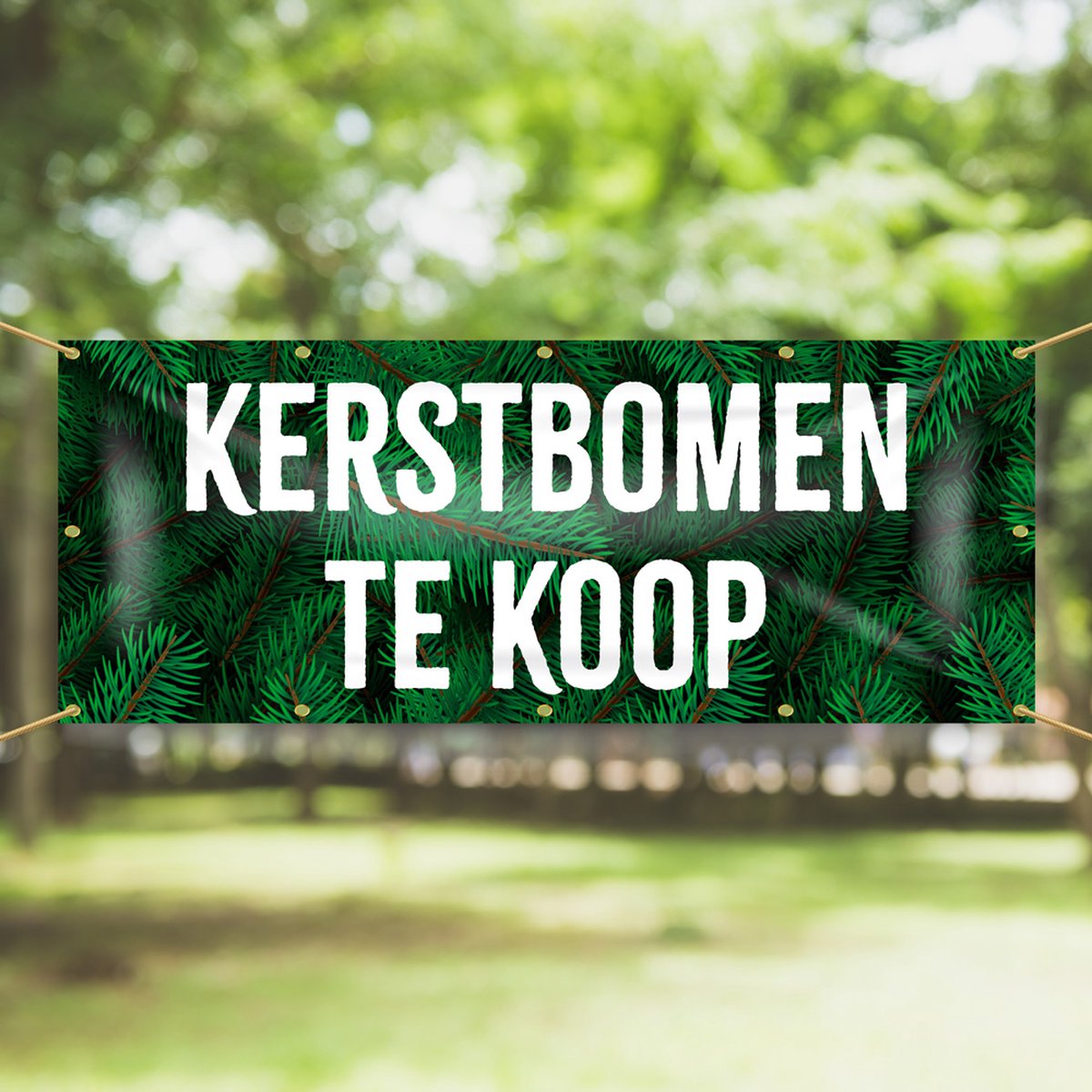 Spandoek Kerstbomen te koop - 150 x 50 - dennengroen achtergrond - kerstboom - kerst - nieuwjaar - oud en nieuw - winkel