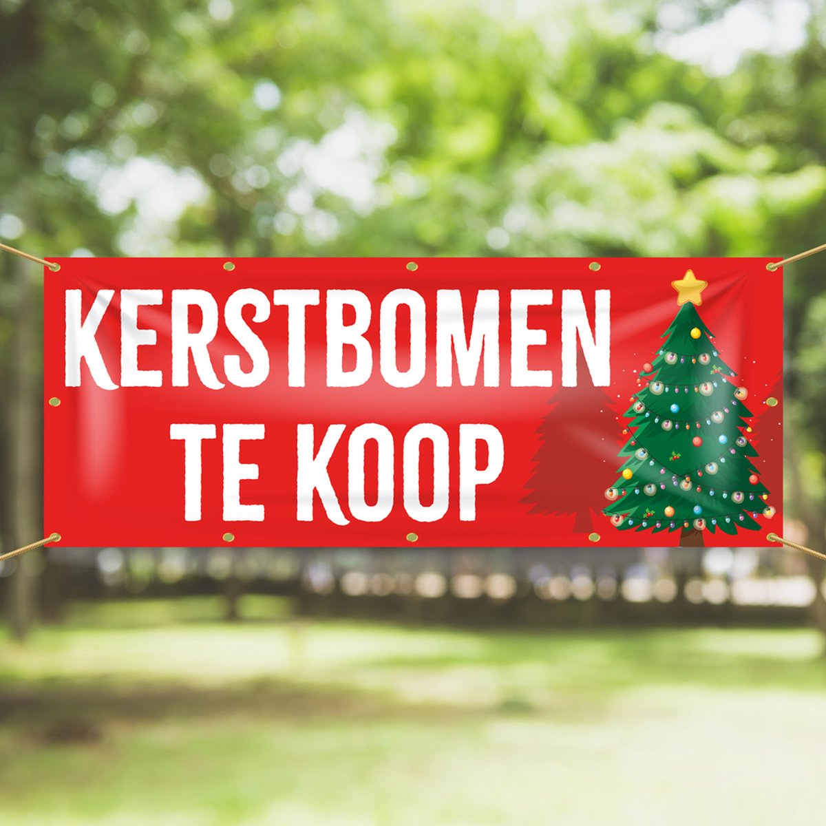 Spandoek Kerstbomen te koop - 200 x 75 cm - rode achtergrond met kerstboom - kerst - nieuwjaar - oud en nieuw - winkel