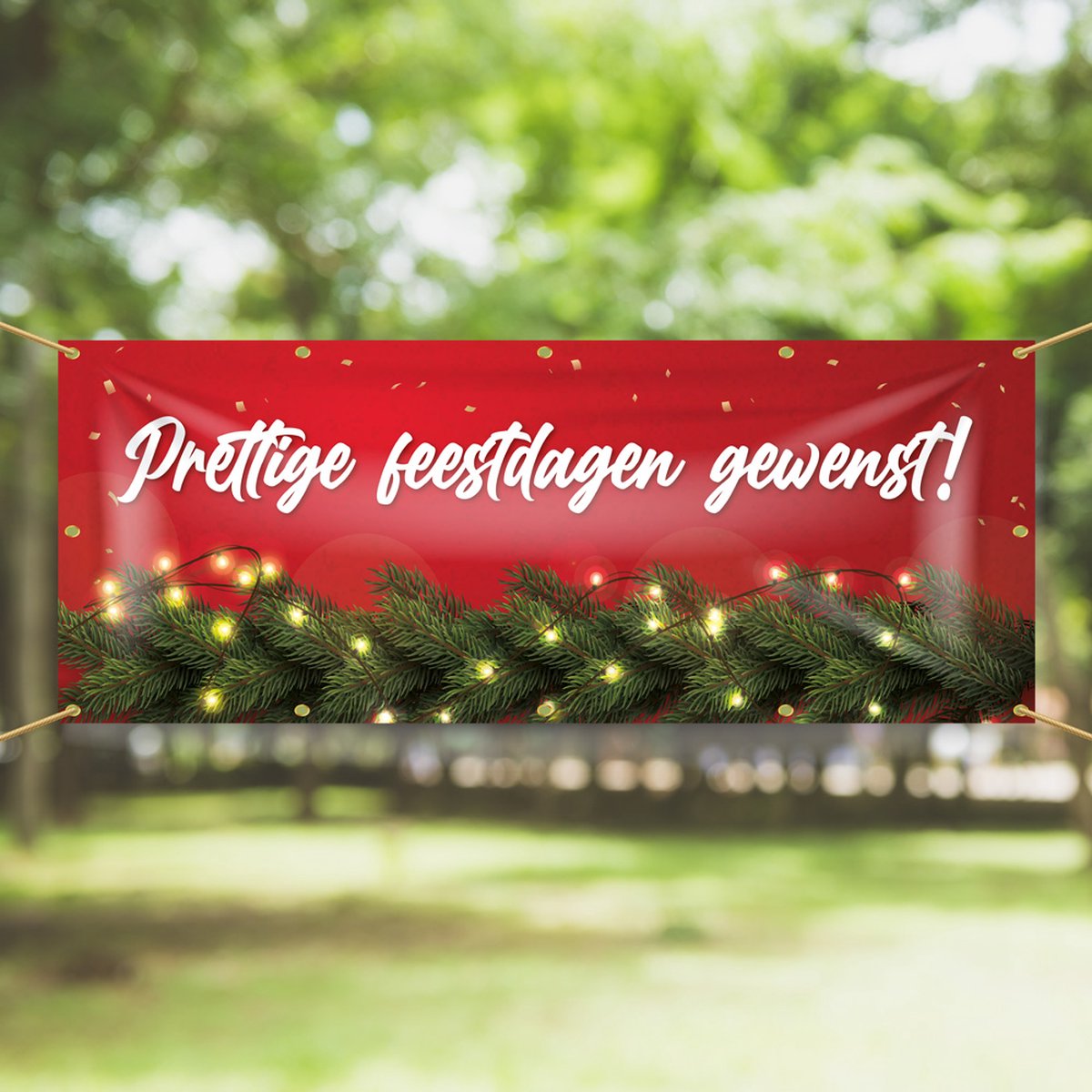 Spandoek Prettige Feestdagen gewenst - 150 x 50 cm Guirlande - dennentakken - lichtjes - kerst - oud en nieuw - nieuwjaar - kraam - winkel - banner