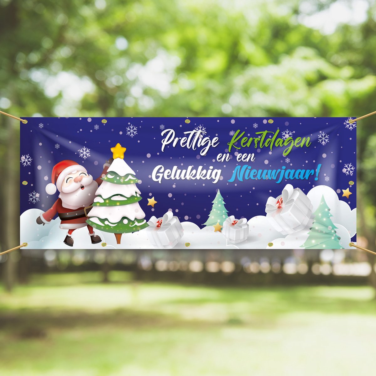 Spandoek Prettige Kerstdagen en een gelukkig nieuwjaar - 200 x 75 cm - Kerstman - Kerstboom - kerst - oud en nieuw - nieuwjaar - kraam - winkel - banner