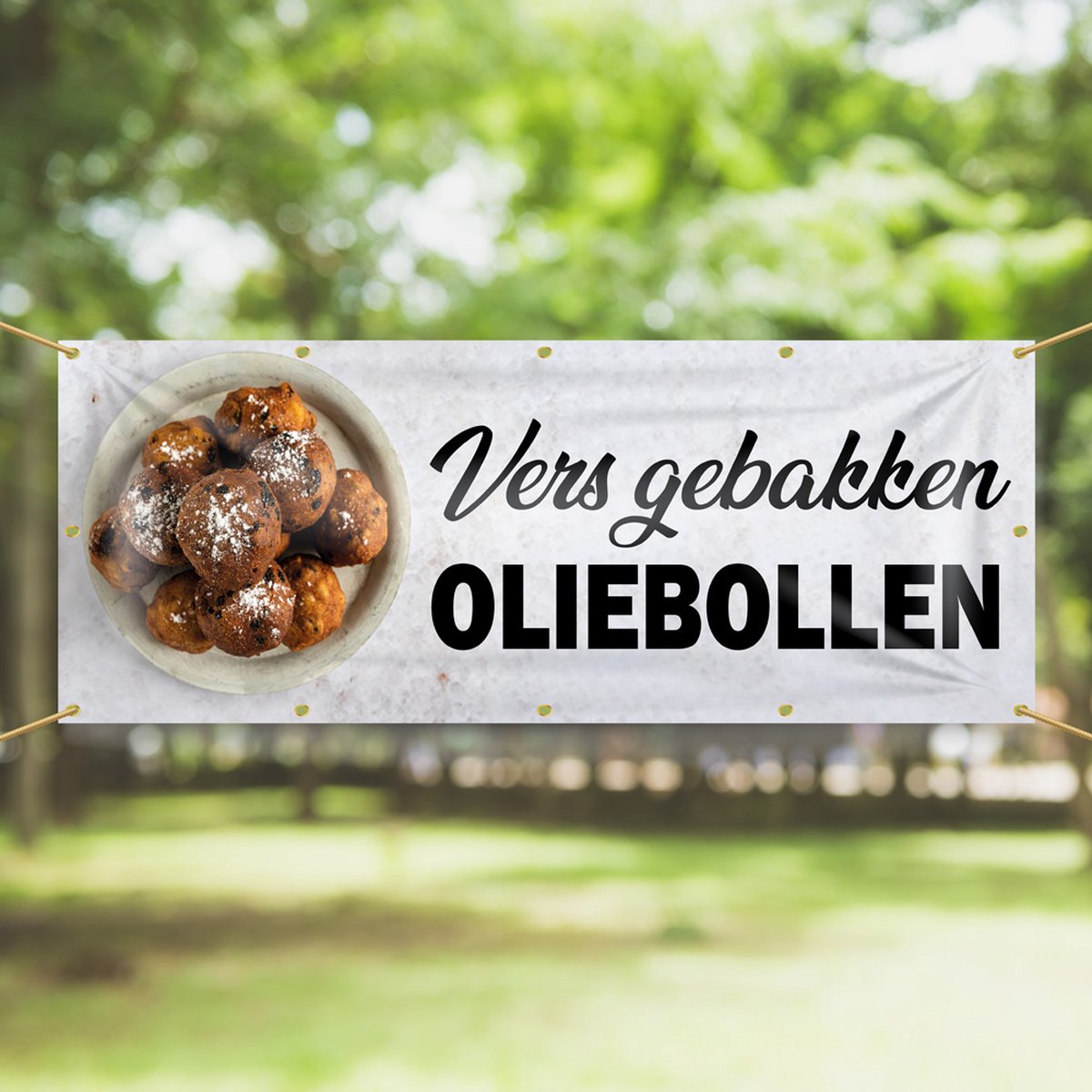 Spandoek Vers Gebakken Oliebollen - 150 x 50 cm - kerst - oud en nieuw - nieuwjaar - oliebollen kopen - kraam - winkel - banner