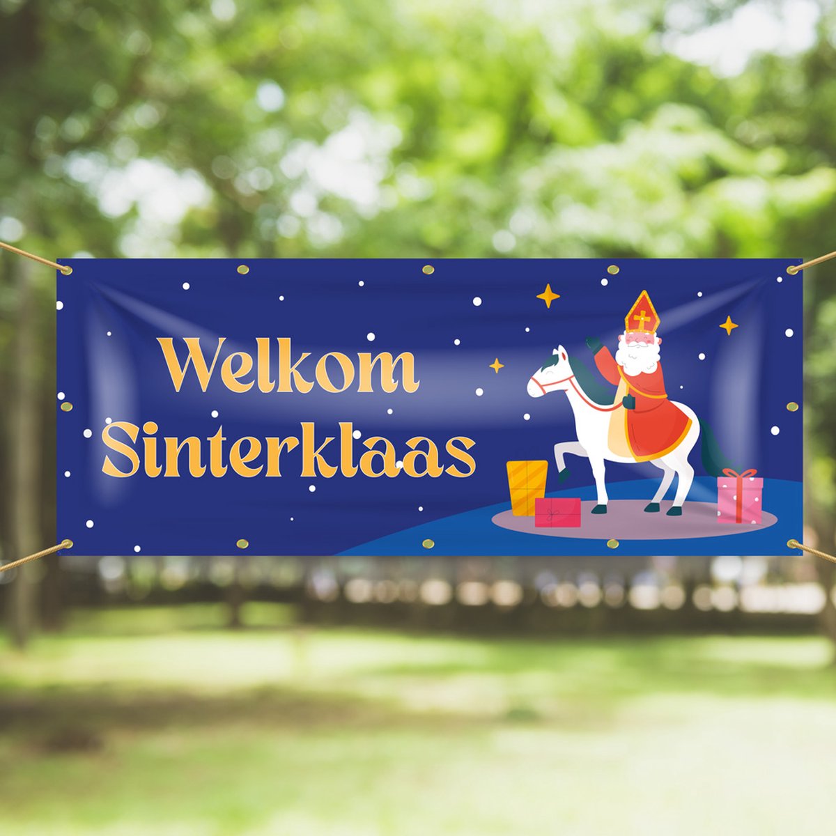 Spandoek Welkom Sinterklaas - Sinterklaas op paard - 150 x 50 cm - Sinterklaasversiering - Winkel - Sinterklaasintocht - Sinterklaasavond