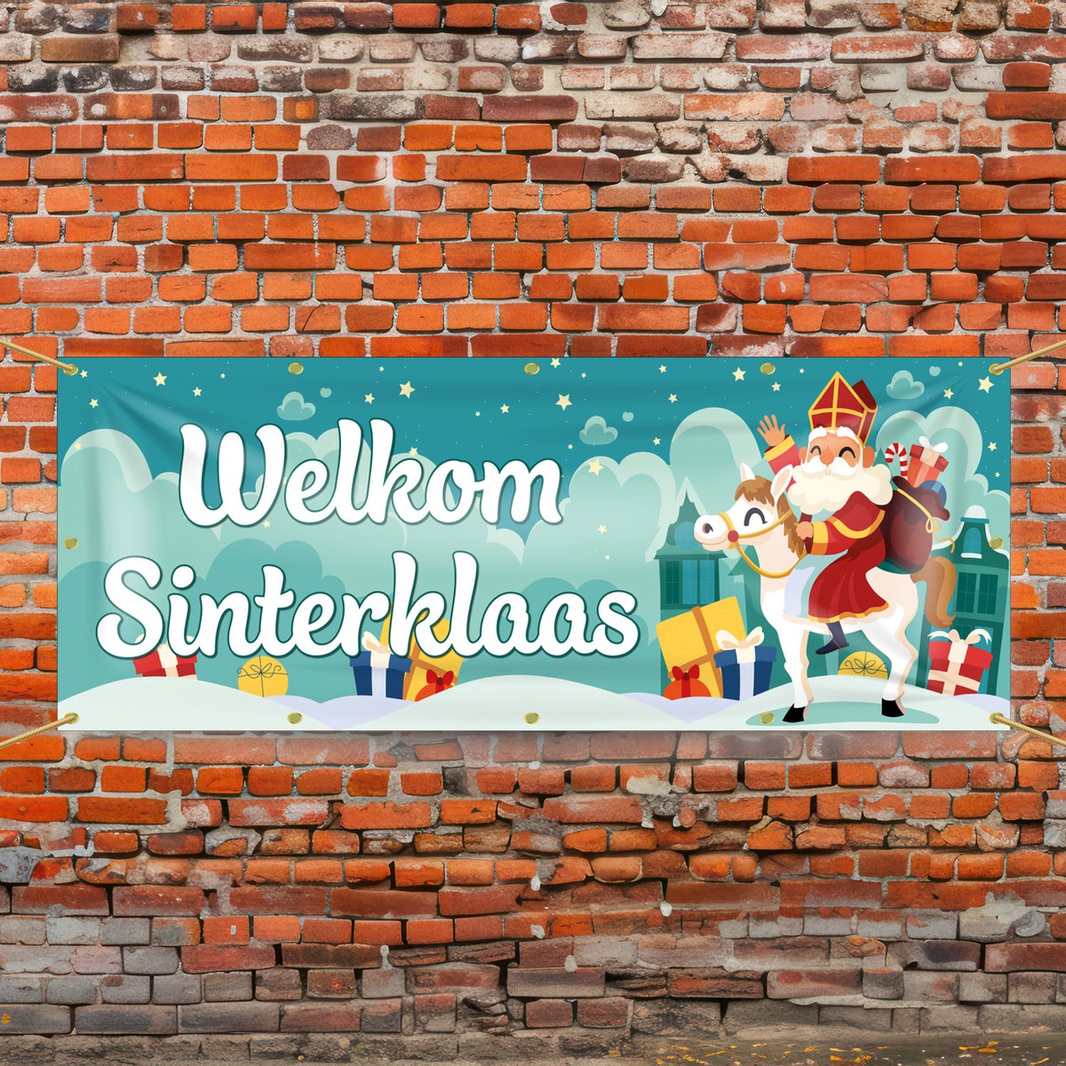 Spandoek Welkom Sinterklaas - Sinterklaas zwaaiend op paard - 200 x 75 cm - Sinterklaasversiering - Winkel - Sinterklaasintocht - Sinterklaasavond