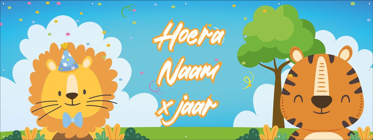 Spandoek maken - Kinderverjaardag - Leeuw en Tijger - Kinderfeestje - Jungle - Dieren - 150 x 50 cm - Kinderen - Kids - met ringen - Banier- PVC - Banner - Verjaardag - indoor en outdoor – Decoratie