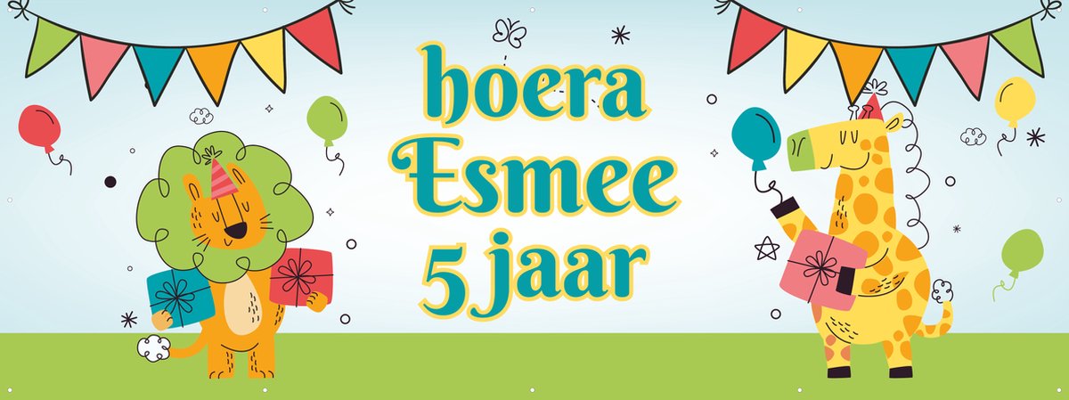 Spandoek maken - Kinderverjaardag - Tijger en giraf met slingers - Kinderfeestje - Jungle - Dieren - 150 x 50 cm - Kinderen - Kids - met ringen - Banier- PVC - Banner - Verjaardag - indoor en outdoor – Decoratie
