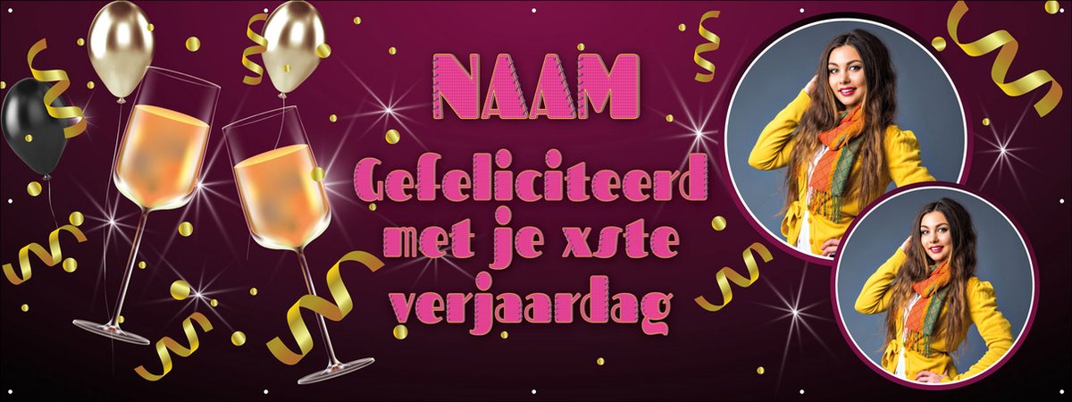 Spandoek maken met Foto en Eigen tekst - Champagne glazen - 200 x 75 cm - Verjaardag - Abraham - Sarah - Feestje - Jubileum - met ringen - Banier - PVC - Banner - Verjaardag - indoor en outdoor – Versiering