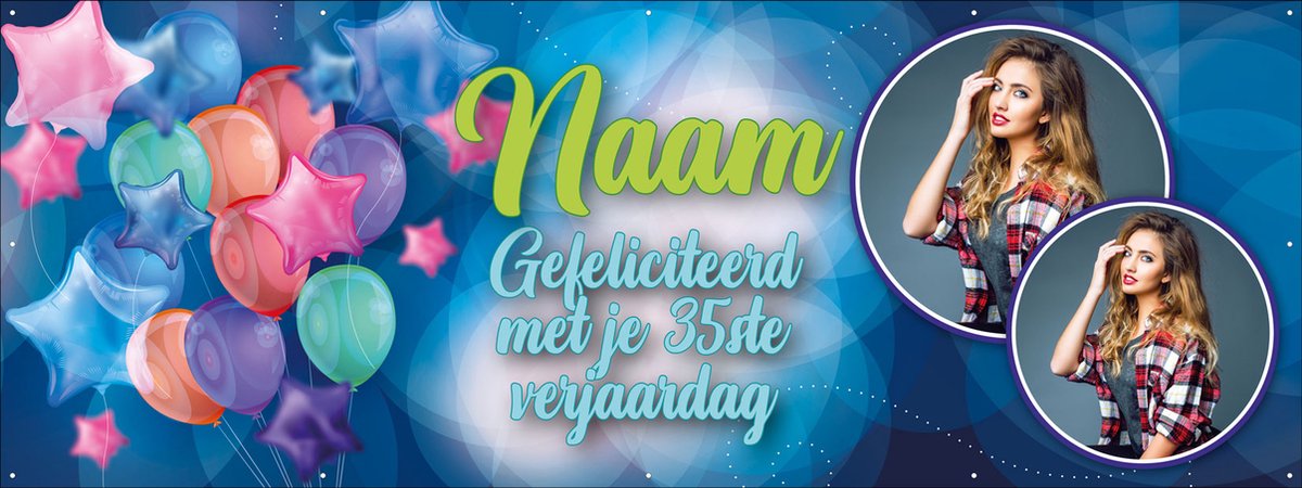 Spandoek maken met Fotos en Eigen tekst - Fleurige ballonnen - 200 x 75 cm - Verjaardag - Abraham - Sarah - Feestje - Jubileum - met ringen - Banier - PVC - Banner - Verjaardag - indoor en outdoor – Versiering