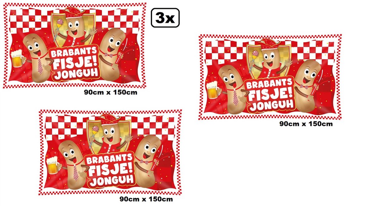 3x Gevelvlag Brabants fisje 90cm x150cm - Carnaval thema feest fijn fisje evenement party worstenbroodje