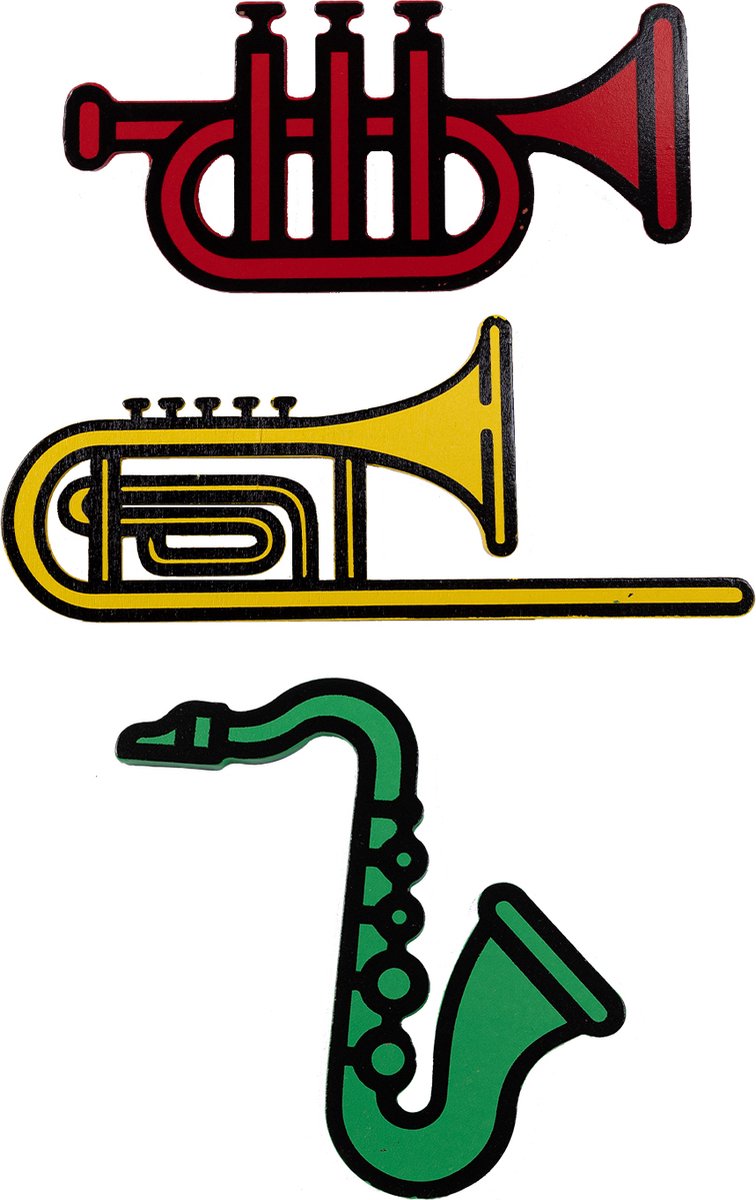 Setje met 3 Houten Blaasinstrumenten Carnavalsdecoratie rood-geel-groen