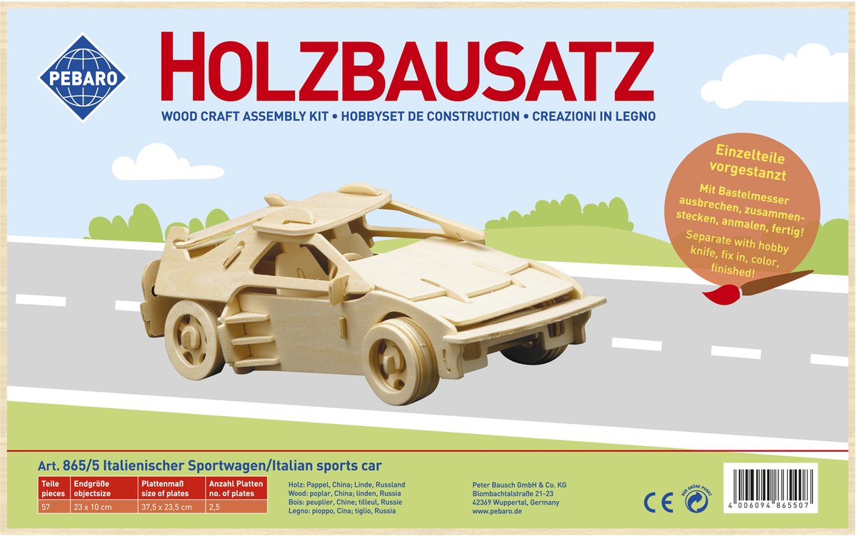 Pebaro houten bouwset Italiaanse sportwagen modelbouw speelgoed.