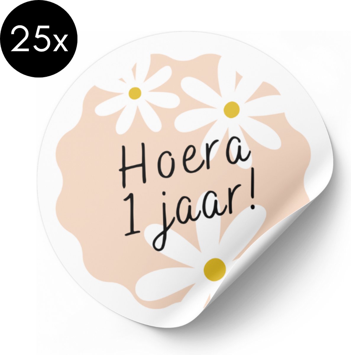 Sluitsticker 1 jaar Daisy/Madeliefje - Sticker Hoera 1 jaar! - Traktatiestickers - 30 mm - 25 stuks