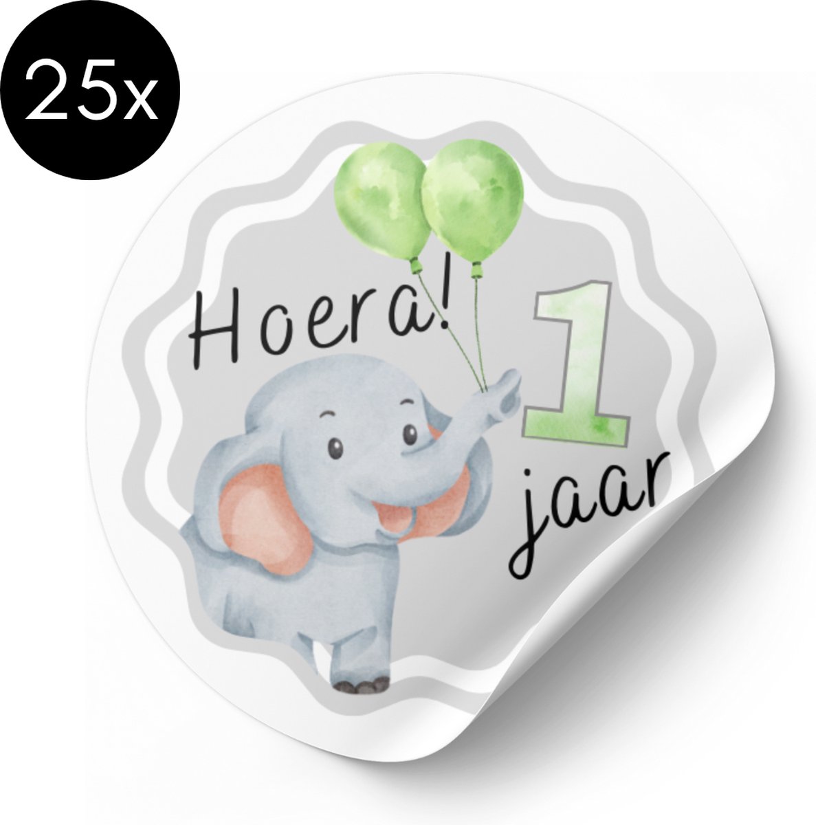 Sticker Hoera 1 jaar - Olifant - 50 mm - Traktatiestickers - 25 stuks