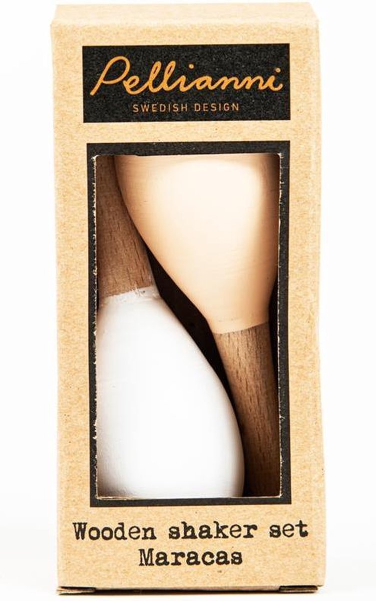 Pellianni: MARACAS PASTELROOS/WIT 12cm, set van 2, FSC hout, in doosje  12x5,5x4cm, 10m+