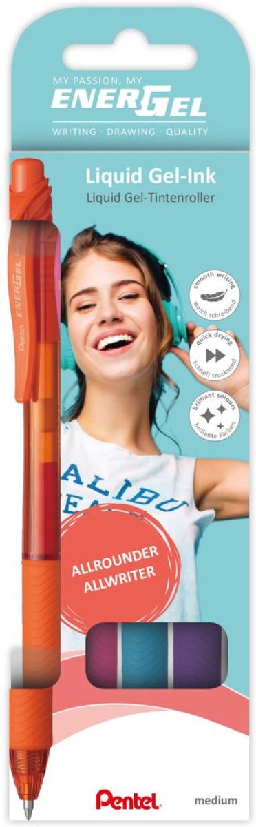 Pentel BL107 EnerGel gelpen, 0,4mm schrijfbreedte, assorti met 4 kleuren (oranje, roze, lichtblauw,violet)