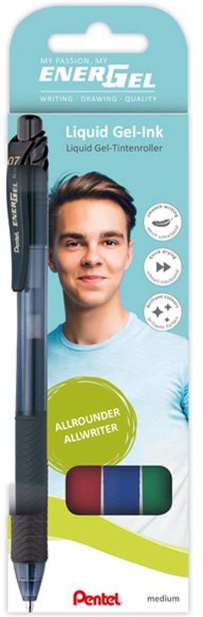  tel BL107 EnerGel gelpen, 0,4mm schrijfbreedte, assorti met 4 kleuren (zwart,rood,blauw,groen)